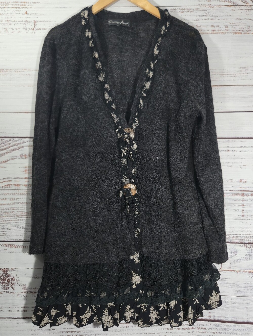 Pretty Angel Charcoal Floral Lace Layered Cardigan Sweater Jacket Button XL